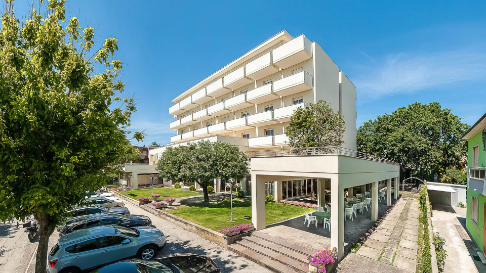 Exterior of the building with parking