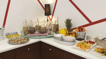 Fruit, jams and cereals at the breakfast buffet