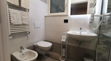 Bathroom with shower and wall-mounted hairdryer