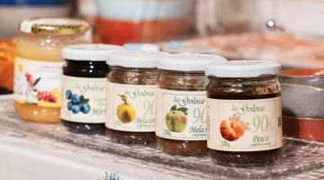 Different flavors of jams in the breakfast buffet