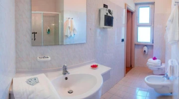 Bathroom with shower cubicle and wall-mounted hairdryer