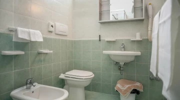 Bathroom with wall-mounted hairdryer and bidet