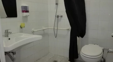 Bathroom with handle and shower curtain
