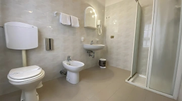 Salle de bain privée avec cabine de douche et sèche-cheveux mural
