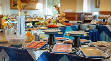 Selection of savoury products at the breakfast buffet