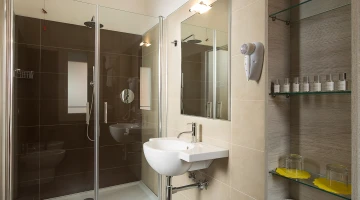Salle de bain privée avec douche et sèche-cheveux