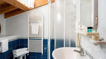 Bathroom with shower cubicle and hairdryer