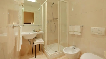 Salle de bain privée avec douche et serviettes pour les invités