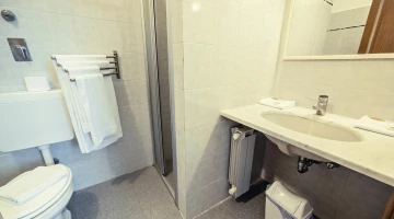 Badezimmer mit Dusche und Handtuchset