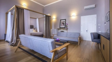 Camera climatizzata con letto matrimoniale e 2 divani