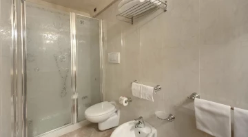 Bathroom with shower cubicle and towel set
