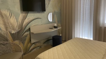 TV und Schreibtisch in der Suite