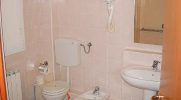 Private bathroom with wall-mounted hairdryer
