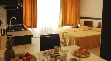 Room with kitchenette and living area