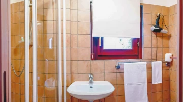 Salle de bain privative avec cabine de douche et sèche-cheveux mural