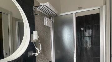 Private bathroom with shower and wall-mounted hairdryer