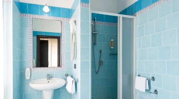 Salle de bain privée avec douche et sèche-cheveux mural