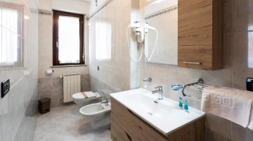 Private bathroom with wall-mounted hairdryer