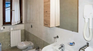 Private bathroom with wall-mounted hairdryer