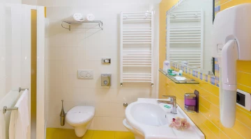 Private bathroom with shower box and wall-mounted hairdryer
