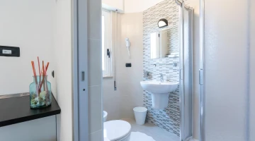 Bathroom with shower cubicle and wall-mounted hairdryer