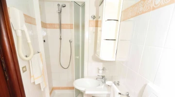 Bathroom with shower cubicle and wall-mounted hairdryer