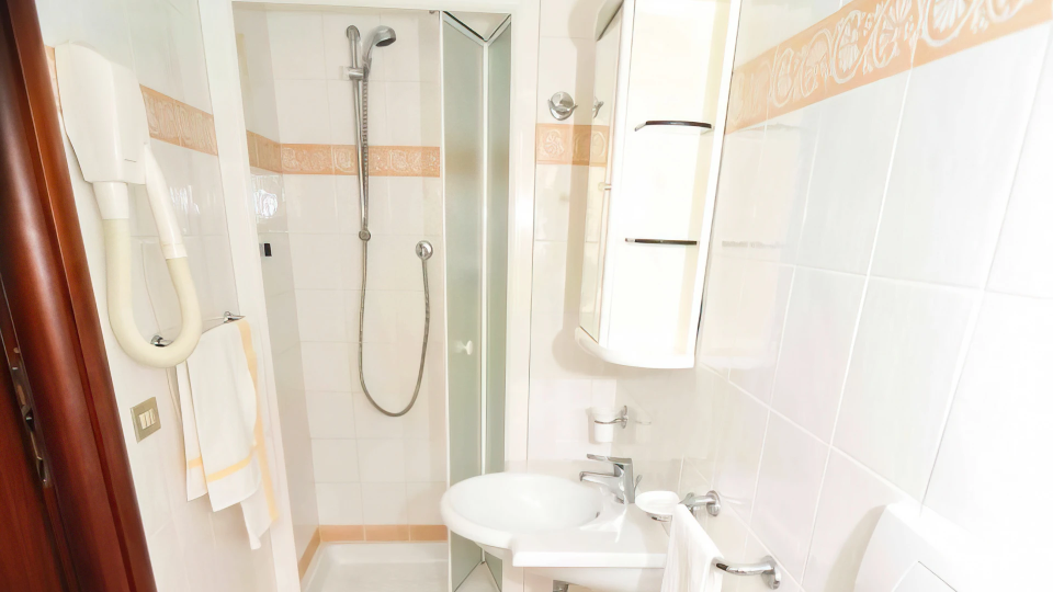 Bathroom with shower cubicle and wall-mounted hairdryer