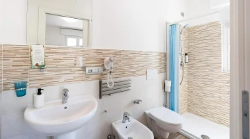 Salle de bain avec douche et sèche-cheveux