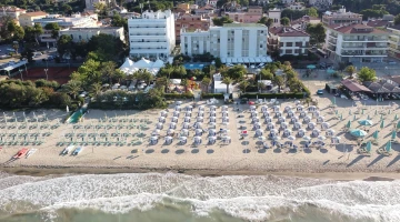 Aerial view of the hotel and private beach