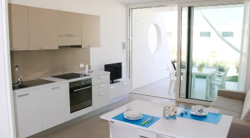 Wohnbereich mit ausgestatteter Küche in der Wohnung