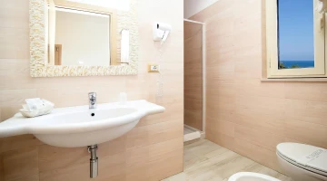 Bathroom with shower cubicle and hairdryer