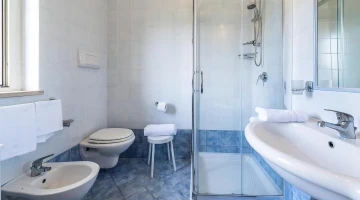 Bathroom with shower cubicle and towels