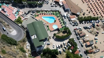 Aerial view of the hotel and the beach