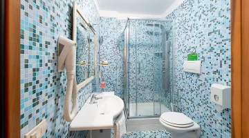 Private bathroom with shower cubicle and wall-mounted hairdryer