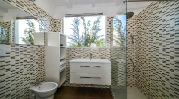 Bathroom with shower cubicle in one room