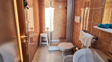 Bathroom with shower cubicle and hairdryer