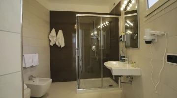 Private bathroom with hairdryer and shower cubicle