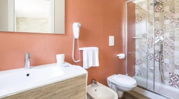 Bathroom with shower cubicle and hairdryer