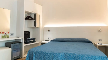 Room with open wardrobe and minibar