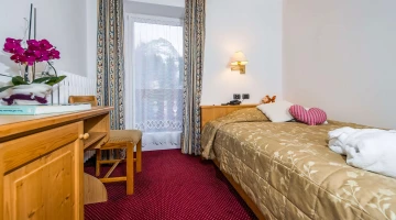 Room with single bed and balcony