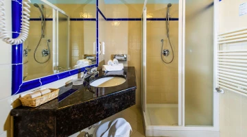 Bathroom with shower and hairdryer