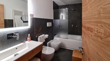 Badezimmer mit Duschkabine und großem Waschbecken