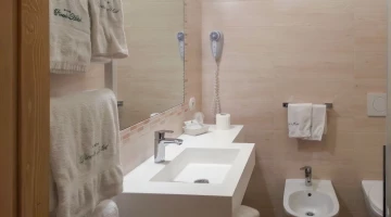 Privates Badezimmer mit Haartrockner und Handtüchern