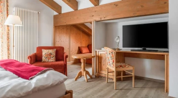 Sky-TV und Schreibtisch im Zimmer
