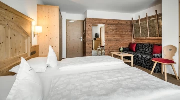 Room with sofa and wooden wall
