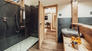 Bathroom with shower box in one room