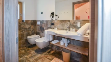 Private bathroom with wall-mounted hairdryer