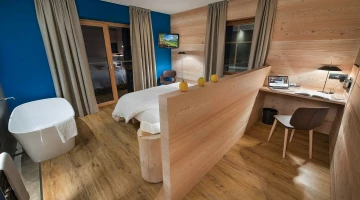 Room with freestanding tub and desk