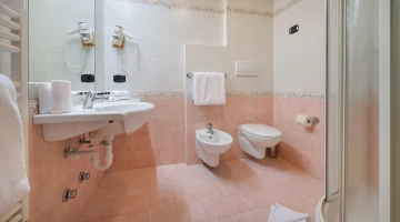 Bathroom with shower and hairdryer in single room