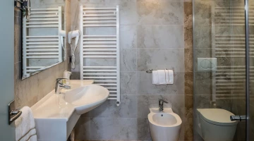 Bathroom with shower and hairdryer